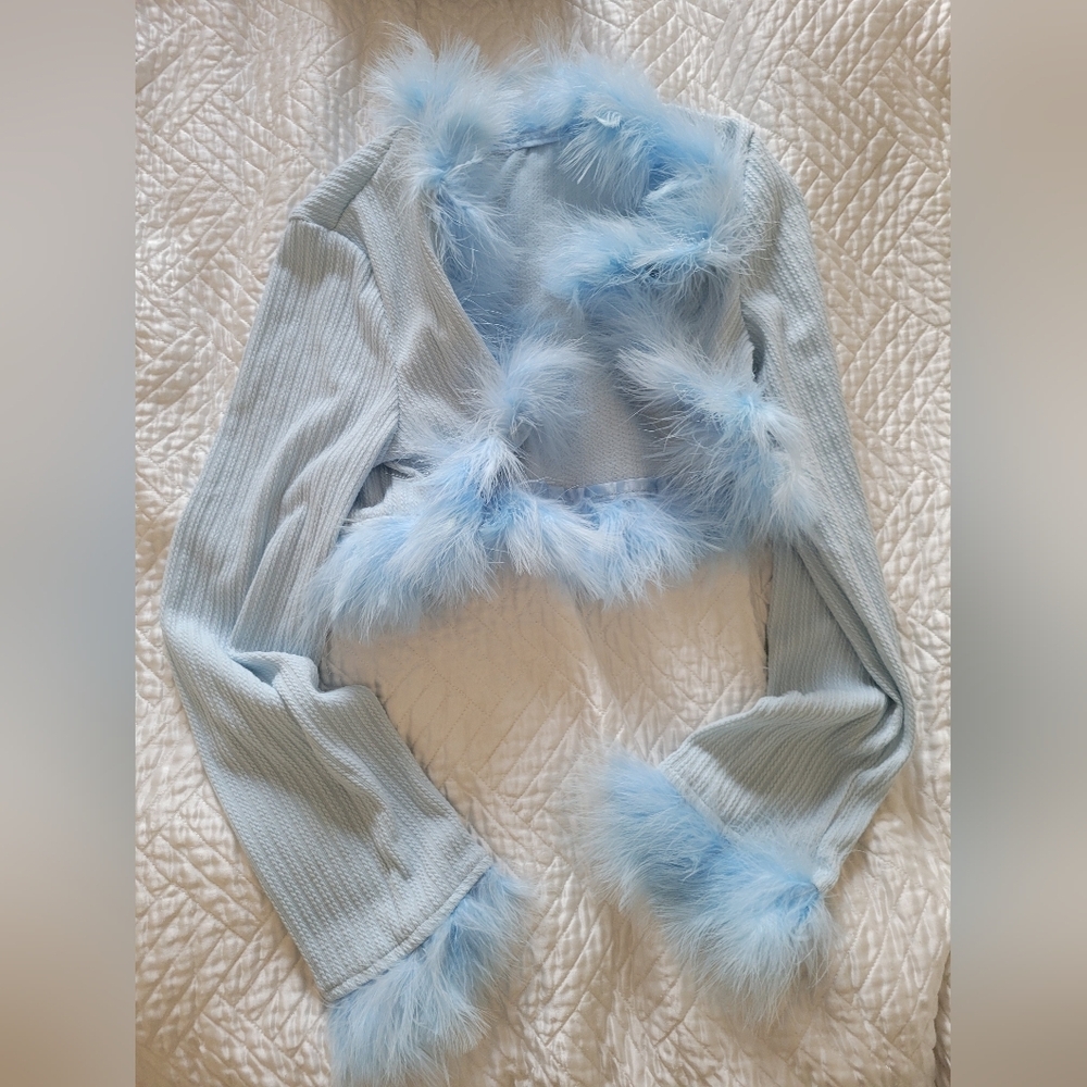 Powder Blue Feather Trim Ribbed Cardigan Size S Vintage Glam - Picture 3 of 5
